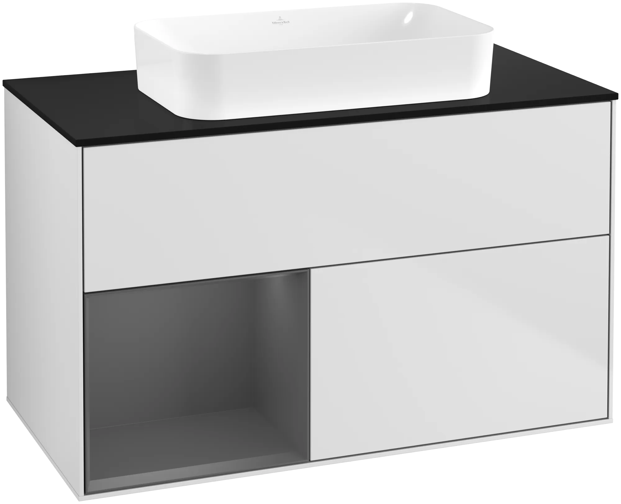 Bild von VILLEROY BOCH Finion Waschbeckenunterschrank, mit Beleuchtung, 2 Auszüge, 1000 x 603 x 501 mm, White Matt Lacquer / Anthracite Matt Lacquer / Glass Black Matt #G652GKMT