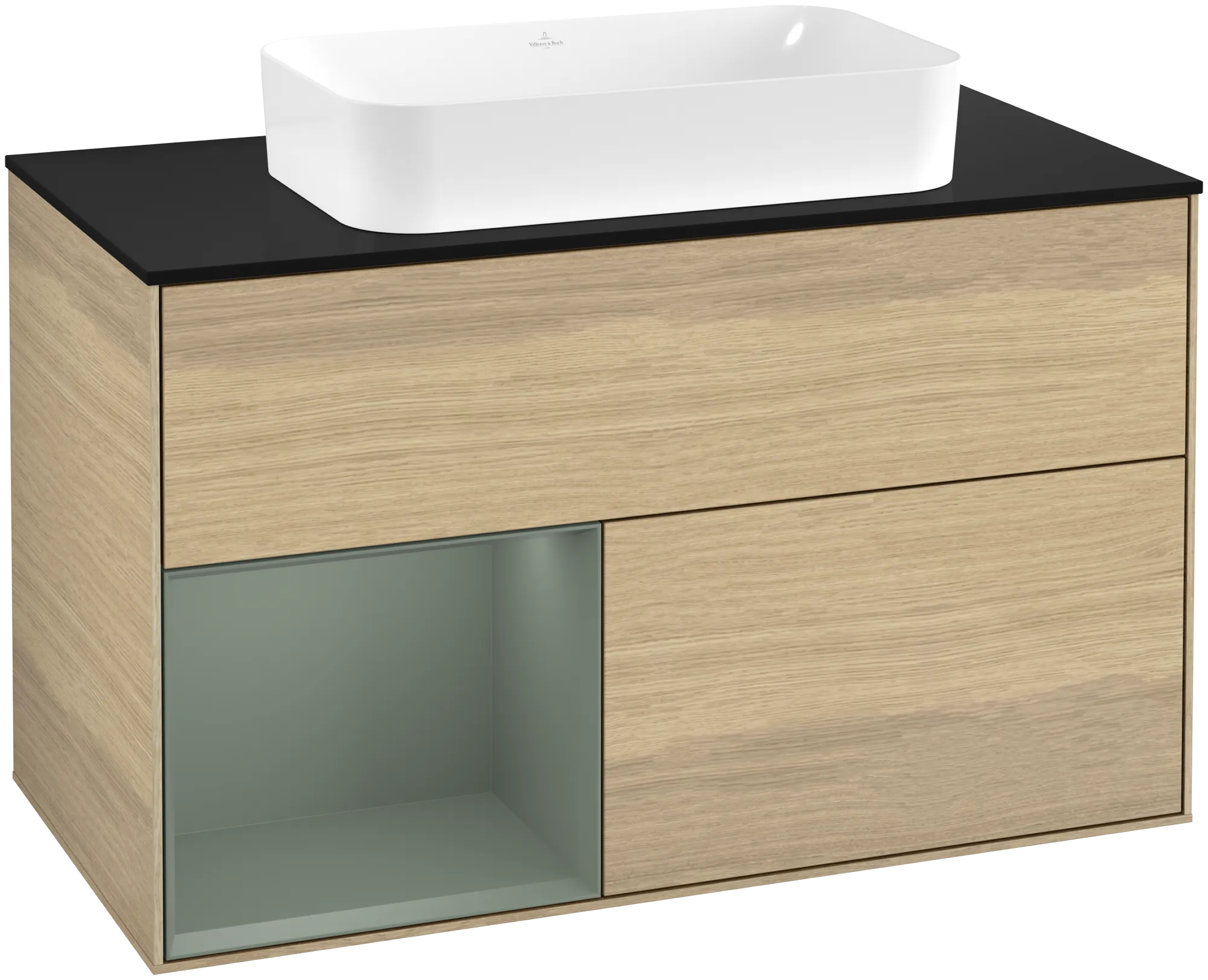 Bild von VILLEROY BOCH Finion Waschbeckenunterschrank, mit Beleuchtung, 2 Auszüge, 1000 x 603 x 501 mm, Oak Veneer / Olive Matt Lacquer / Glass Black Matt #G652GMPC