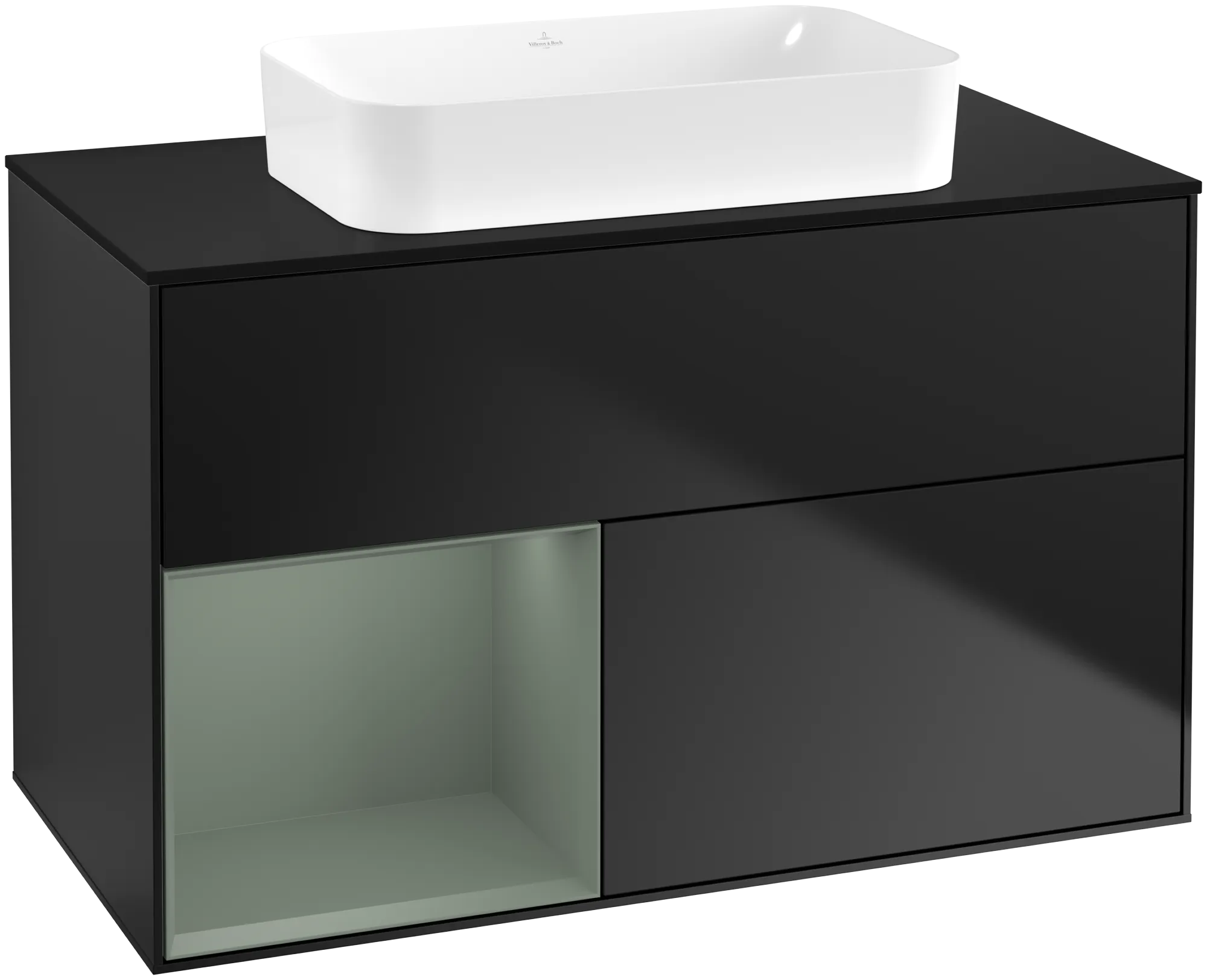 Bild von VILLEROY BOCH Finion Waschbeckenunterschrank, mit Beleuchtung, 2 Auszüge, 1000 x 603 x 501 mm, Black Matt Lacquer / Olive Matt Lacquer / Glass Black Matt #G652GMPD