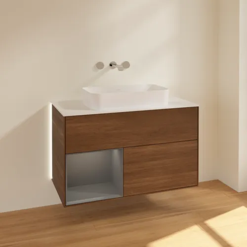 Bild von VILLEROY BOCH Finion Waschbeckenunterschrank, mit Beleuchtung, 2 Auszüge, 1000 x 603 x 501 mm, Walnut Veneer / Anthracite Matt Lacquer / Glass White Matt #G651GKGN