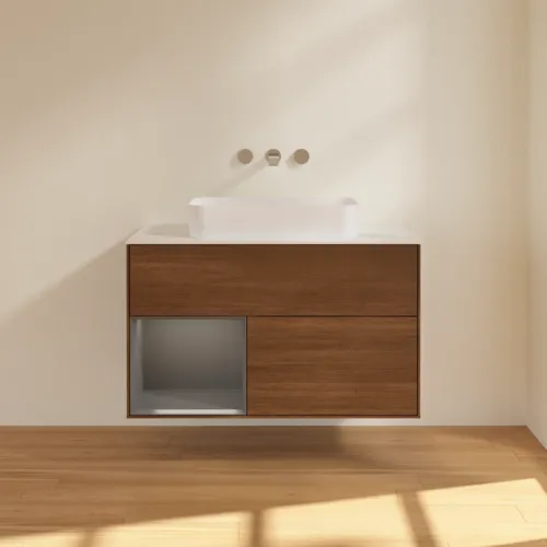 Bild von VILLEROY BOCH Finion Waschbeckenunterschrank, mit Beleuchtung, 2 Auszüge, 1000 x 603 x 501 mm, Walnut Veneer / Anthracite Matt Lacquer / Glass White Matt #G651GKGN
