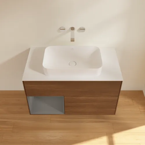 Bild von VILLEROY BOCH Finion Waschbeckenunterschrank, mit Beleuchtung, 2 Auszüge, 1000 x 603 x 501 mm, Walnut Veneer / Anthracite Matt Lacquer / Glass White Matt #G651GKGN