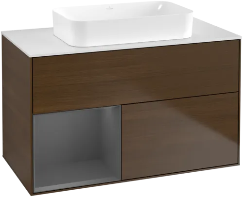 Bild von VILLEROY BOCH Finion Waschbeckenunterschrank, mit Beleuchtung, 2 Auszüge, 1000 x 603 x 501 mm, Walnut Veneer / Anthracite Matt Lacquer / Glass White Matt #G651GKGN