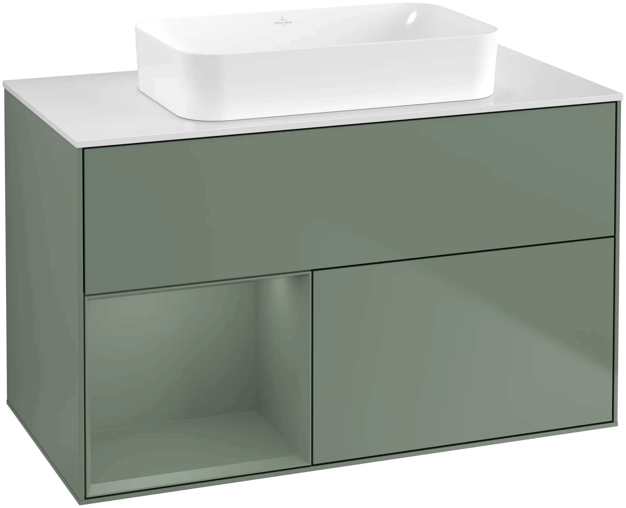 Bild von VILLEROY BOCH Finion Waschbeckenunterschrank, mit Beleuchtung, 2 Auszüge, 1000 x 603 x 501 mm, Olive Matt Lacquer / Olive Matt Lacquer / Glass White Matt #G651GMGM