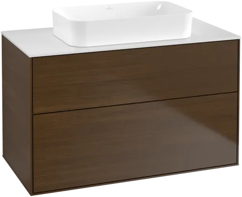 Bild von VILLEROY BOCH Finion Waschbeckenunterschrank, mit Beleuchtung, 2 Auszüge, 1000 x 603 x 501 mm, Walnut Veneer / Glass White Matt #G64100GN