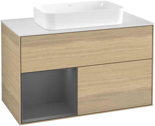 Bild von VILLEROY BOCH Finion Waschbeckenunterschrank, mit Beleuchtung, 2 Auszüge, 1000 x 603 x 501 mm, Oak Veneer / Anthracite Matt Lacquer / Glass White Matt #G651GKPC