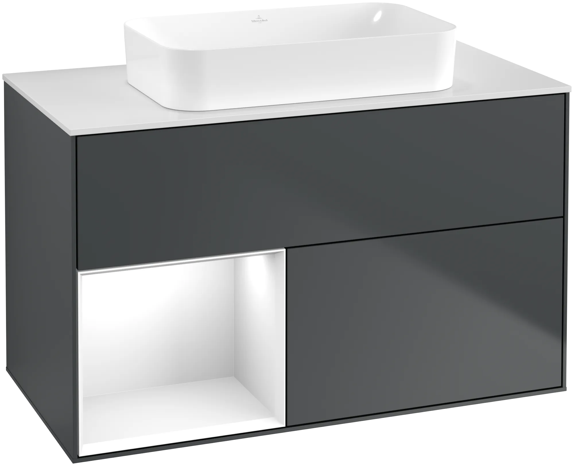Bild von VILLEROY BOCH Finion Waschbeckenunterschrank, mit Beleuchtung, 2 Auszüge, 1000 x 603 x 501 mm, Midnight Blue Matt Lacquer / Glossy White Lacquer / Glass White Matt #G651GFHG