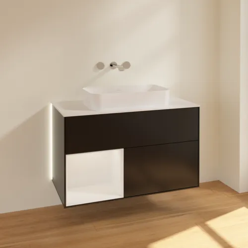 Obrázek VILLEROY BOCH Finion Vanity unit, with lighting, 2 pull-out compartments, 1000 x 603 x 501 mm, Black Matt Lacquer / Glossy White Lacquer / Glass White Matt #G651GFPD