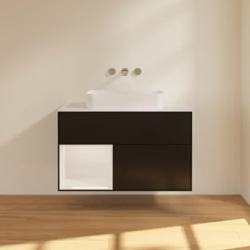 Obrázek VILLEROY BOCH Finion Vanity unit, with lighting, 2 pull-out compartments, 1000 x 603 x 501 mm, Black Matt Lacquer / Glossy White Lacquer / Glass White Matt #G651GFPD