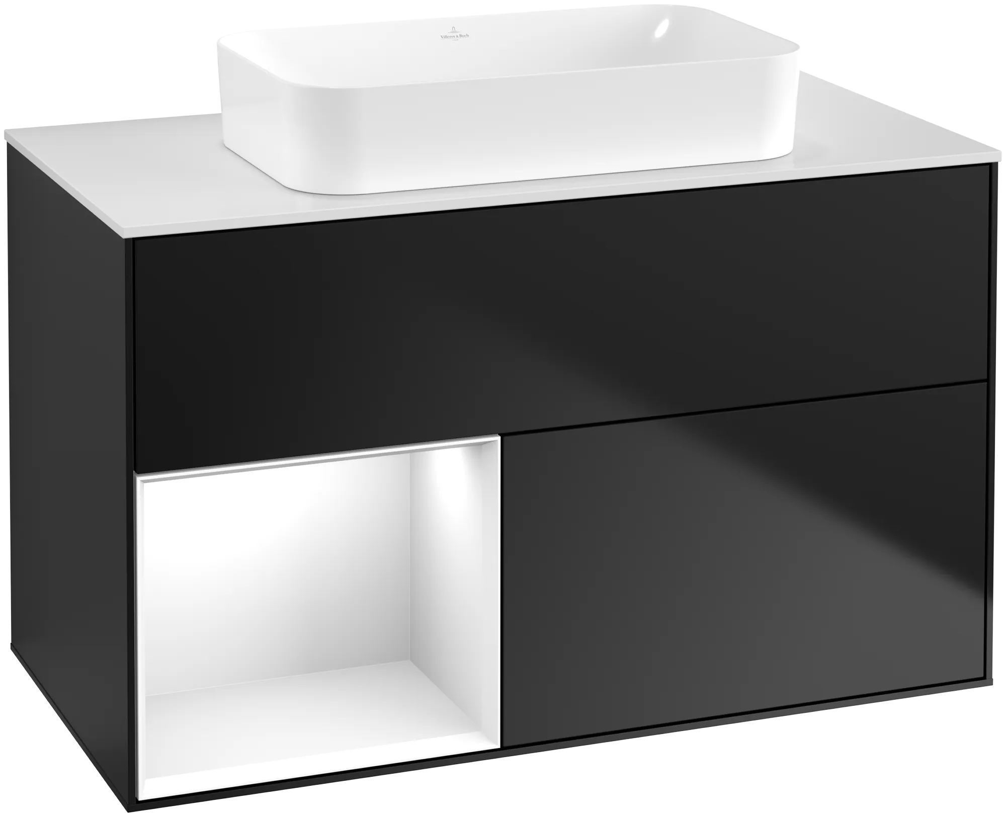 Bild von VILLEROY BOCH Finion Waschbeckenunterschrank, mit Beleuchtung, 2 Auszüge, 1000 x 603 x 501 mm, Black Matt Lacquer / Glossy White Lacquer / Glass White Matt #G651GFPD
