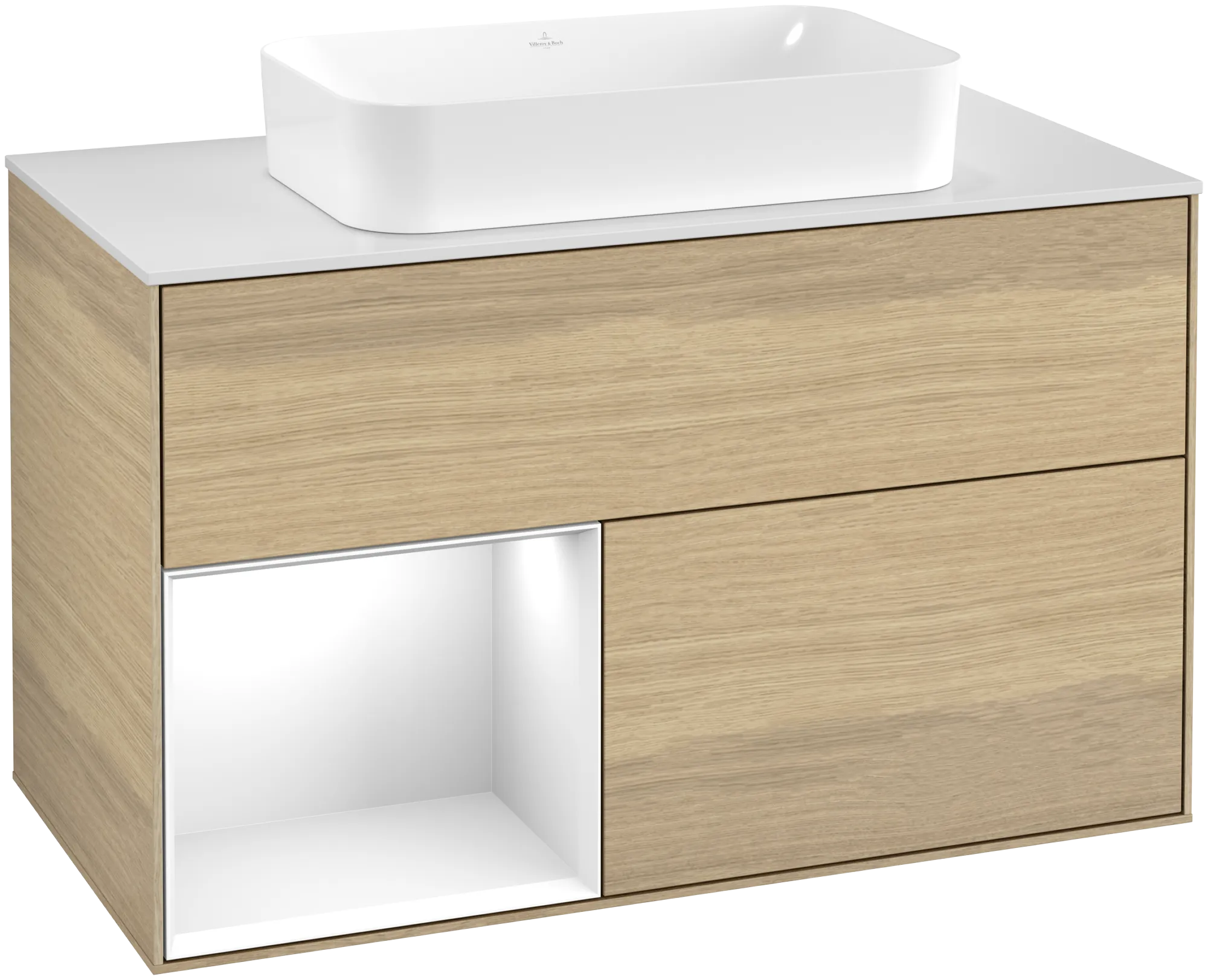 Bild von VILLEROY BOCH Finion Waschbeckenunterschrank, mit Beleuchtung, 2 Auszüge, 1000 x 603 x 501 mm, Oak Veneer / Glossy White Lacquer / Glass White Matt #G651GFPC