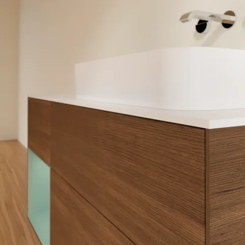 Bild von VILLEROY BOCH Finion Waschbeckenunterschrank, mit Beleuchtung, 3 Auszüge, 1200 x 603 x 501 mm, Walnut Veneer / Olive Matt Lacquer / Glass White Matt #G681GMGN