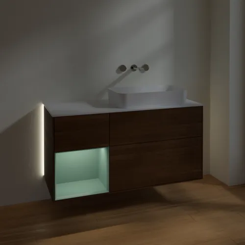 Bild von VILLEROY BOCH Finion Waschbeckenunterschrank, mit Beleuchtung, 3 Auszüge, 1200 x 603 x 501 mm, Walnut Veneer / Olive Matt Lacquer / Glass White Matt #G681GMGN
