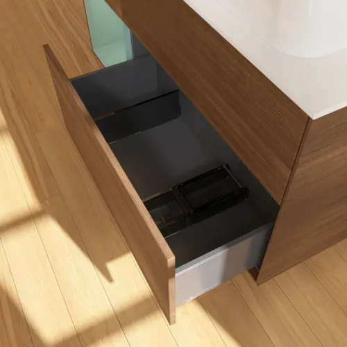 Bild von VILLEROY BOCH Finion Waschbeckenunterschrank, mit Beleuchtung, 3 Auszüge, 1200 x 603 x 501 mm, Walnut Veneer / Olive Matt Lacquer / Glass White Matt #G681GMGN