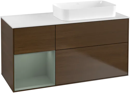Bild von VILLEROY BOCH Finion Waschbeckenunterschrank, mit Beleuchtung, 3 Auszüge, 1200 x 603 x 501 mm, Walnut Veneer / Olive Matt Lacquer / Glass White Matt #G681GMGN