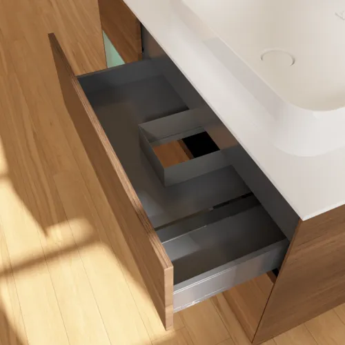 Bild von VILLEROY BOCH Finion Waschbeckenunterschrank, mit Beleuchtung, 3 Auszüge, 1200 x 603 x 501 mm, Walnut Veneer / Olive Matt Lacquer / Glass White Matt #G681GMGN