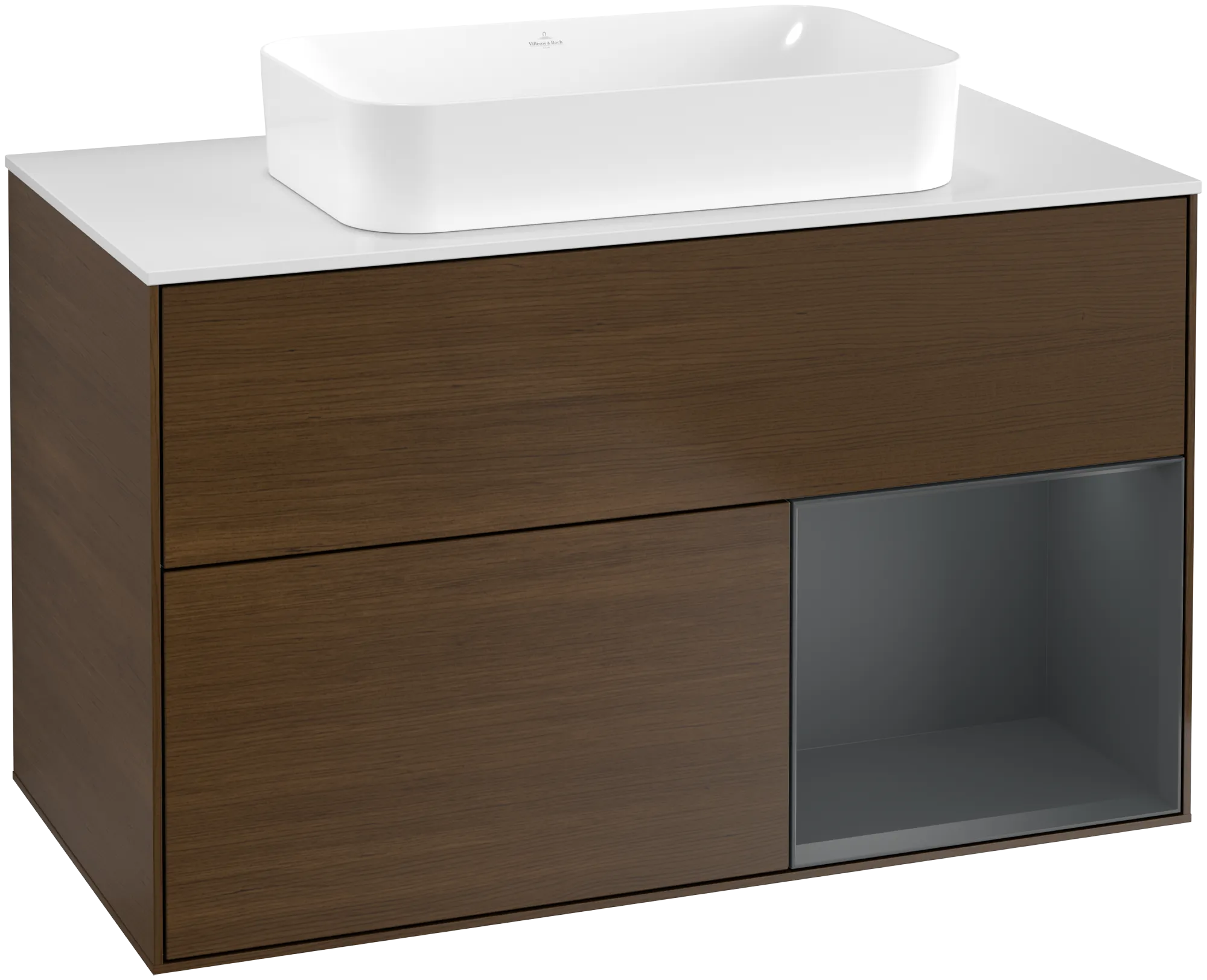 Bild von VILLEROY BOCH Finion Waschbeckenunterschrank, mit Beleuchtung, 2 Auszüge, 1000 x 603 x 501 mm, Walnut Veneer / Midnight Blue Matt Lacquer / Glass White Matt #G661HGGN