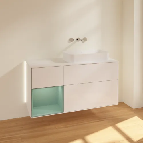 Bild von VILLEROY BOCH Finion Waschbeckenunterschrank, mit Beleuchtung, 3 Auszüge, 1200 x 603 x 501 mm, Glossy White Lacquer / Olive Matt Lacquer / Glass White Matt #G681GMGF
