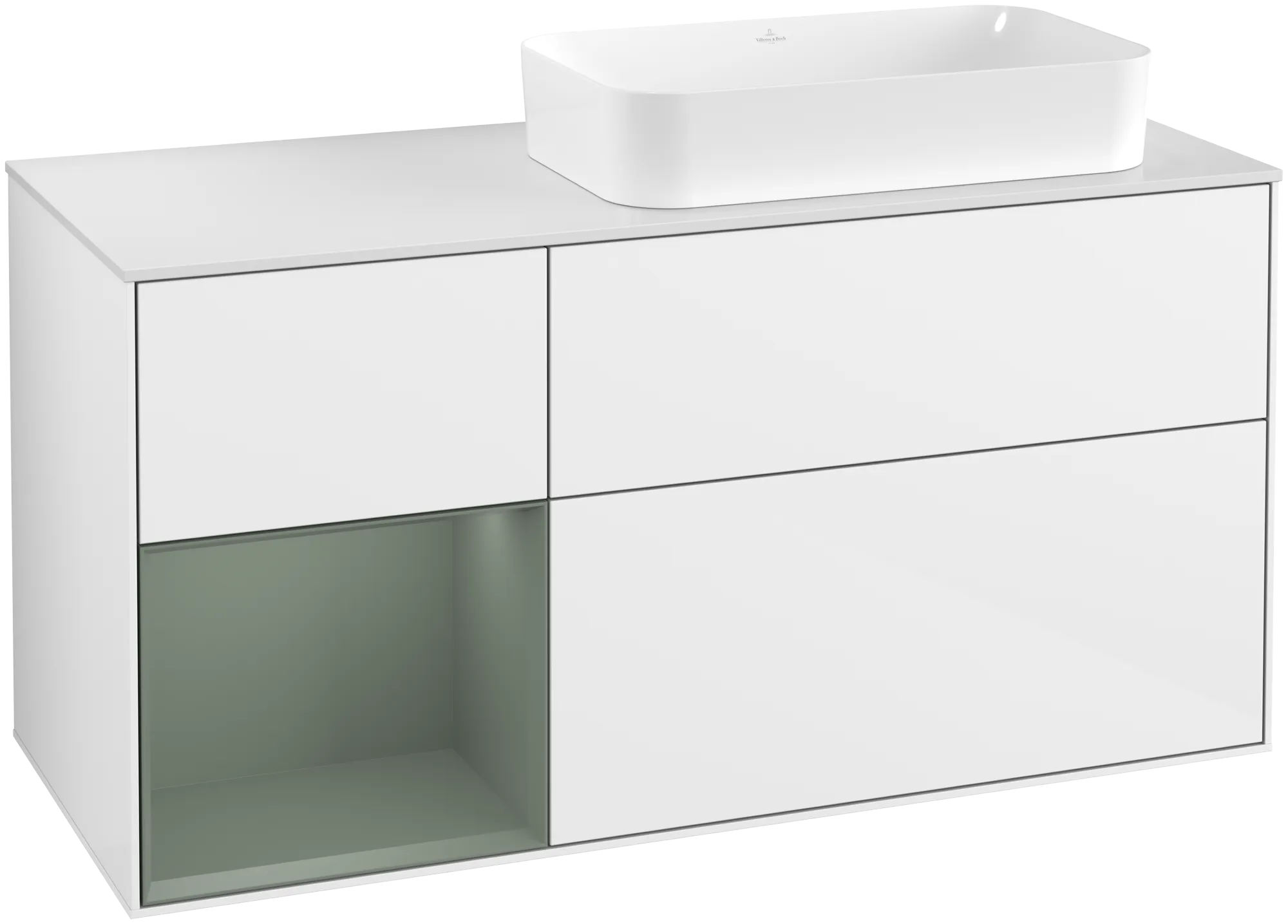 Bild von VILLEROY BOCH Finion Waschbeckenunterschrank, mit Beleuchtung, 3 Auszüge, 1200 x 603 x 501 mm, Glossy White Lacquer / Olive Matt Lacquer / Glass White Matt #G681GMGF
