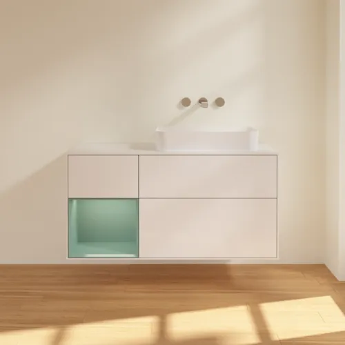 Bild von VILLEROY BOCH Finion Waschbeckenunterschrank, mit Beleuchtung, 3 Auszüge, 1200 x 603 x 501 mm, Glossy White Lacquer / Olive Matt Lacquer / Glass White Matt #G681GMGF