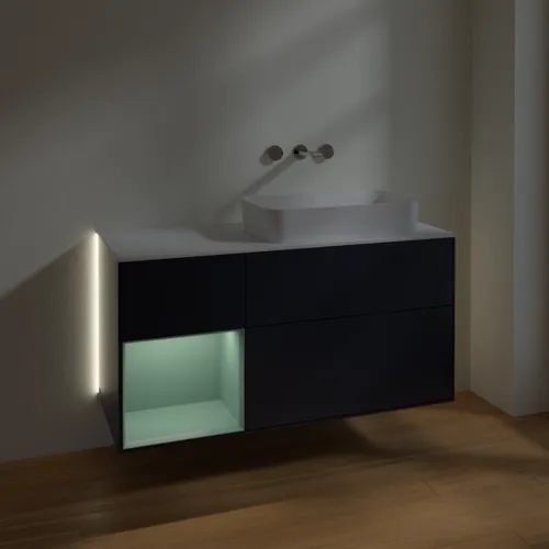Bild von VILLEROY BOCH Finion Waschbeckenunterschrank, mit Beleuchtung, 3 Auszüge, 1200 x 603 x 501 mm, Midnight Blue Matt Lacquer / Olive Matt Lacquer / Glass White Matt #G681GMHG