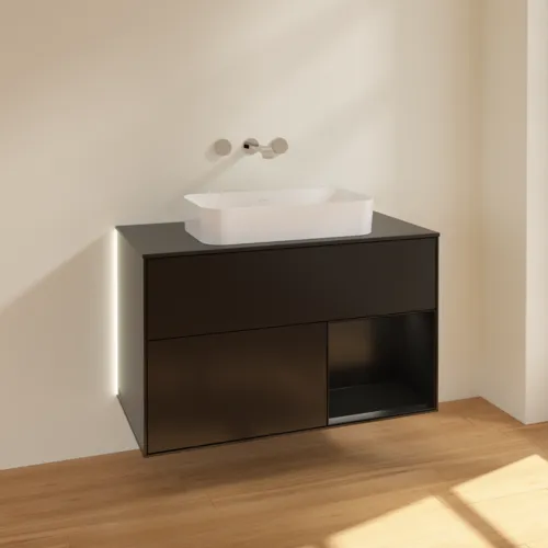 Bild von VILLEROY BOCH Finion Waschbeckenunterschrank, mit Beleuchtung, 2 Auszüge, 1000 x 603 x 501 mm, Black Matt Lacquer / Black Matt Lacquer / Glass Black Matt #G662PDPD