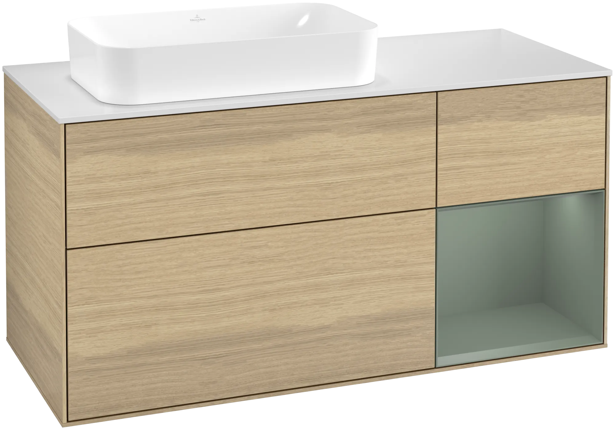 Bild von VILLEROY BOCH Finion Waschbeckenunterschrank, mit Beleuchtung, 3 Auszüge, 1200 x 603 x 501 mm, Oak Veneer / Olive Matt Lacquer / Glass White Matt #G691GMPC