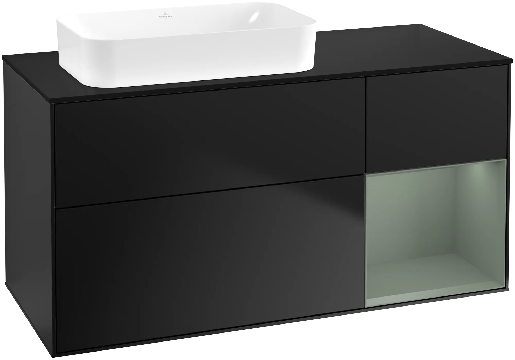 Bild von VILLEROY BOCH Finion Waschbeckenunterschrank, mit Beleuchtung, 3 Auszüge, 1200 x 603 x 501 mm, Black Matt Lacquer / Olive Matt Lacquer / Glass Black Matt #G692GMPD