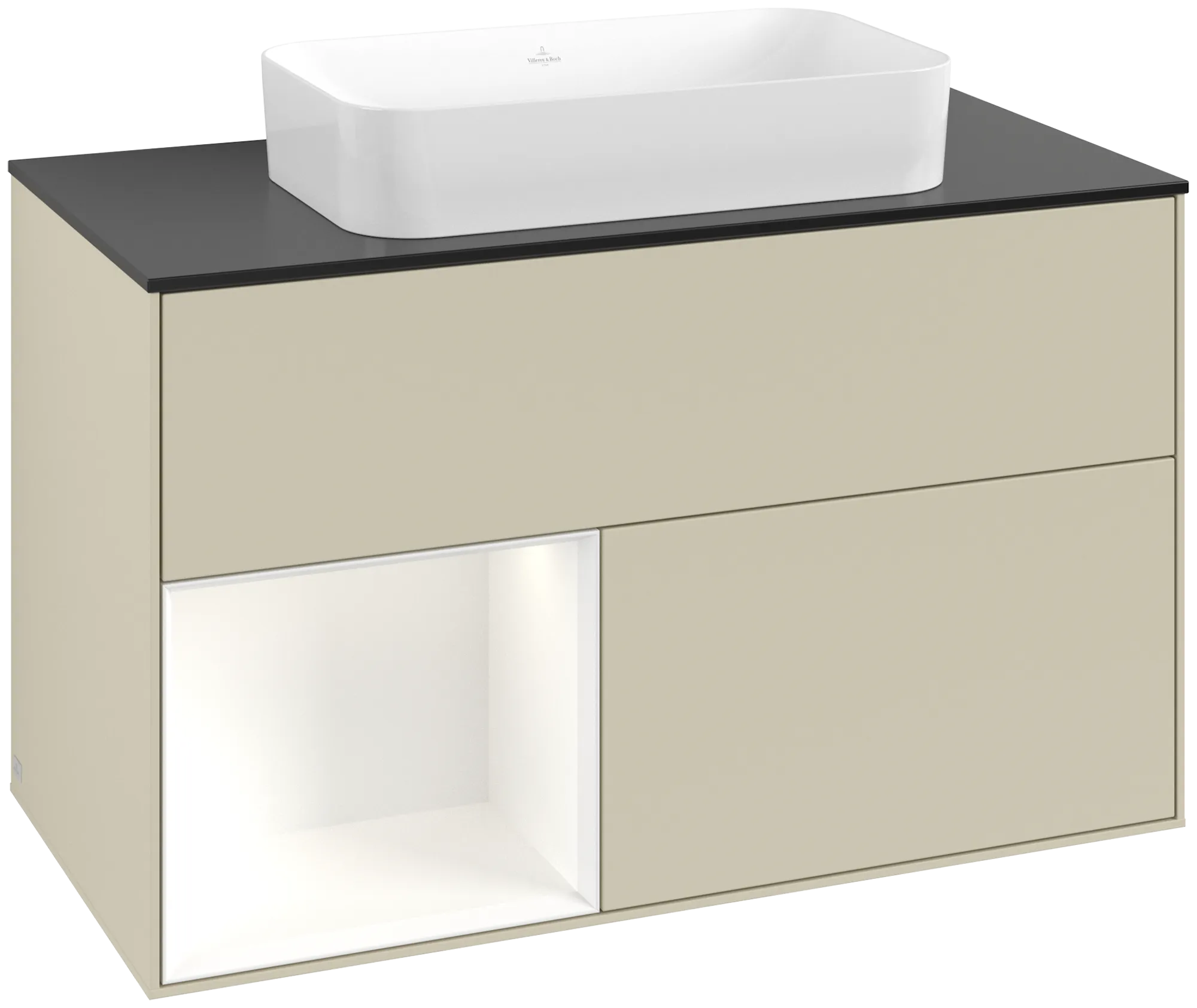 Bild von VILLEROY BOCH Finion Waschbeckenunterschrank, mit Beleuchtung, 2 Auszüge, 1000 x 603 x 501 mm, Silk Grey Matt Lacquer / White Matt Lacquer / Glass Black Matt #G652MTHJ