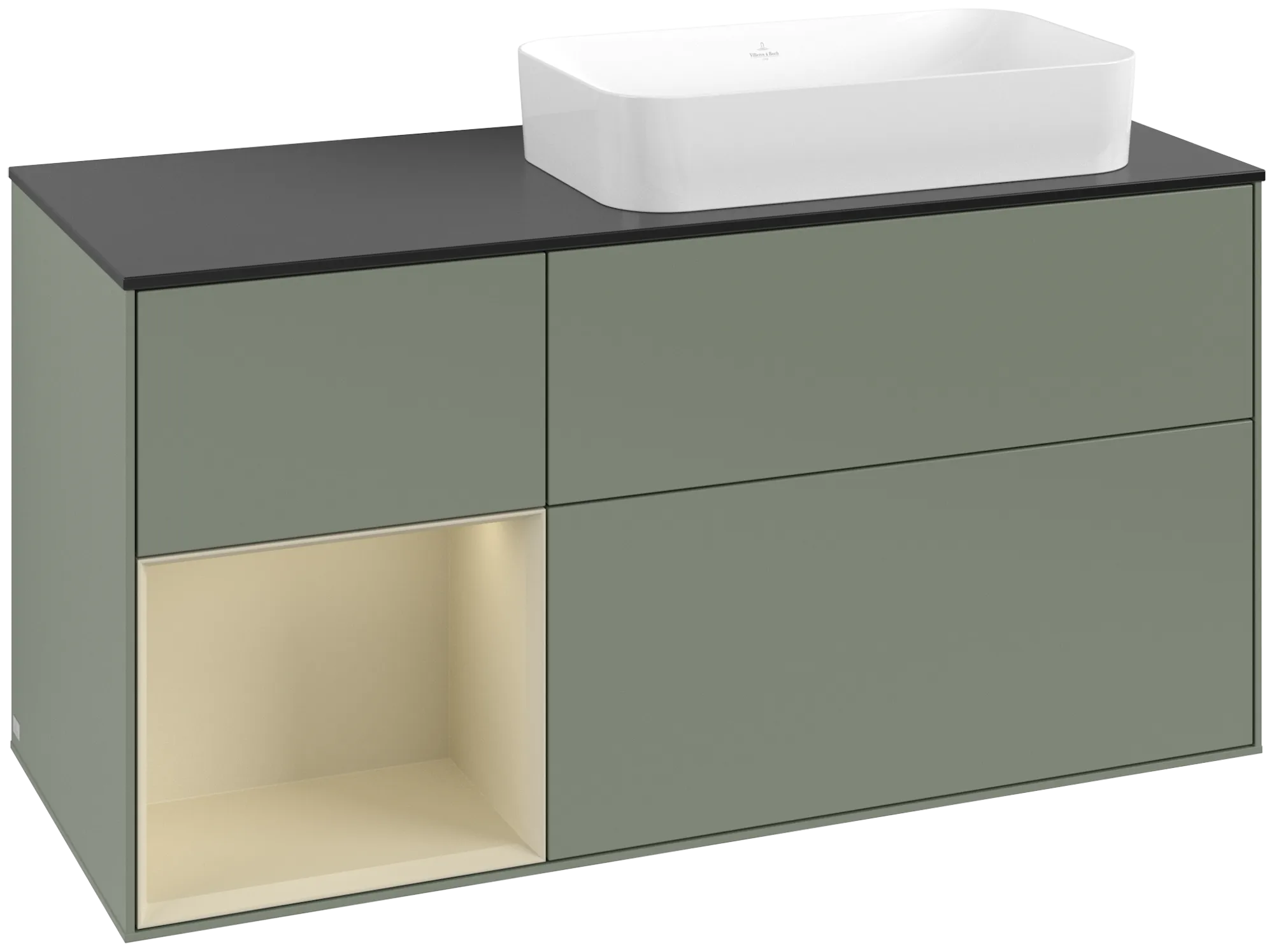Bild von VILLEROY BOCH Finion Waschbeckenunterschrank, mit Beleuchtung, 3 Auszüge, 1200 x 603 x 501 mm, Olive Matt Lacquer / Silk Grey Matt Lacquer / Glass Black Matt #G682HJGM