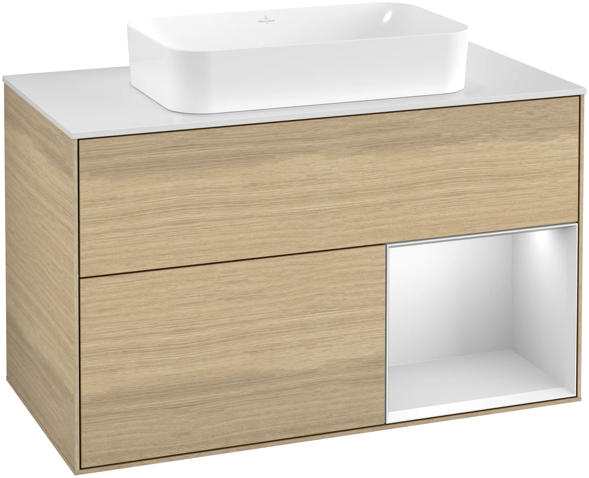 Bild von VILLEROY BOCH Finion Waschbeckenunterschrank, mit Beleuchtung, 2 Auszüge, 1000 x 603 x 501 mm, Oak Veneer / White Matt Lacquer / Glass White Matt #G661MTPC