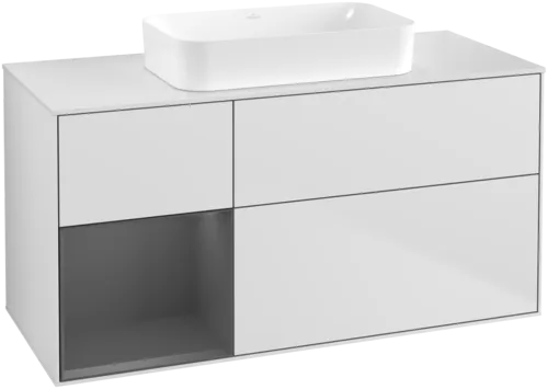 Bild von VILLEROY BOCH Finion Waschbeckenunterschrank, mit Beleuchtung, 3 Auszüge, 1200 x 603 x 501 mm, White Matt Lacquer / Anthracite Matt Lacquer / Glass White Matt #G701GKMT