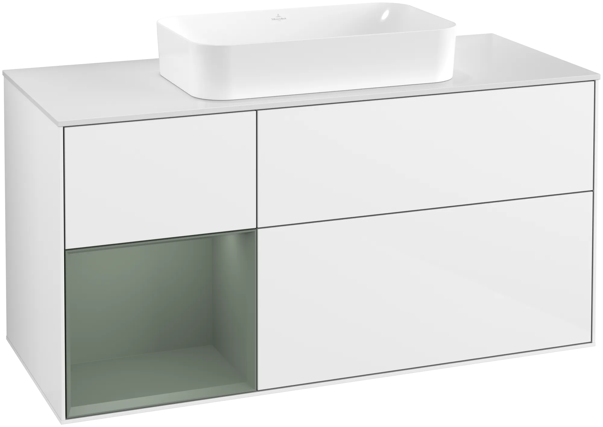 Bild von VILLEROY BOCH Finion Waschbeckenunterschrank, mit Beleuchtung, 3 Auszüge, 1200 x 603 x 501 mm, Glossy White Lacquer / Olive Matt Lacquer / Glass White Matt #G701GMGF