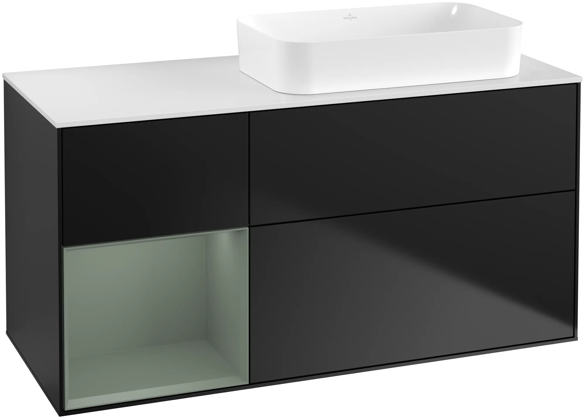 Bild von VILLEROY BOCH Finion Waschbeckenunterschrank, mit Beleuchtung, 3 Auszüge, 1200 x 603 x 501 mm, Black Matt Lacquer / Olive Matt Lacquer / Glass White Matt #G681GMPD