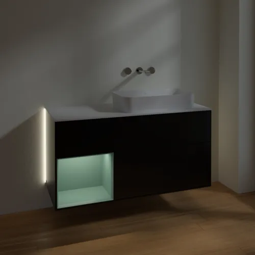 Bild von VILLEROY BOCH Finion Waschbeckenunterschrank, mit Beleuchtung, 3 Auszüge, 1200 x 603 x 501 mm, Black Matt Lacquer / Olive Matt Lacquer / Glass White Matt #G681GMPD