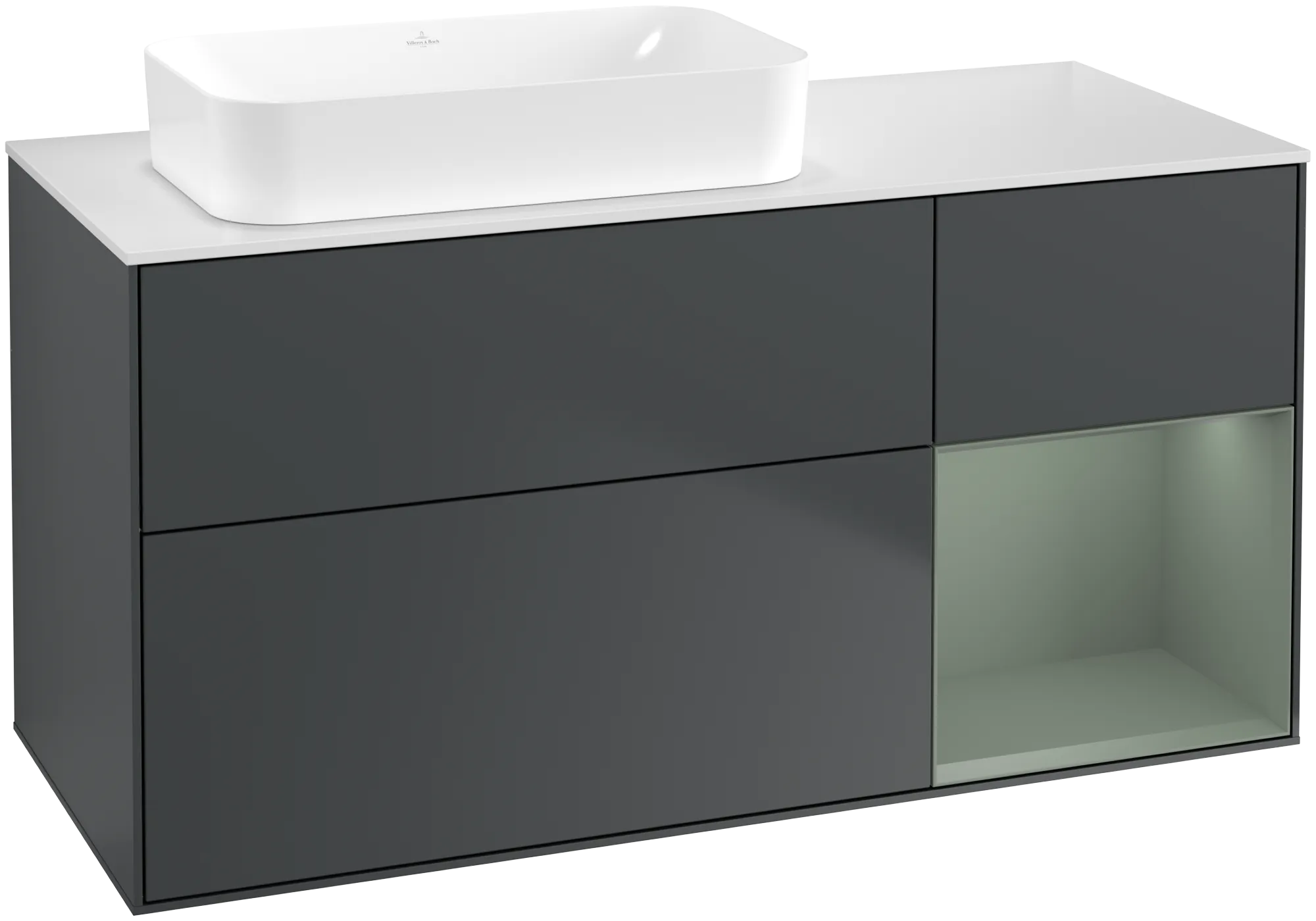 Bild von VILLEROY BOCH Finion Waschbeckenunterschrank, mit Beleuchtung, 3 Auszüge, 1200 x 603 x 501 mm, Midnight Blue Matt Lacquer / Olive Matt Lacquer / Glass White Matt #G691GMHG