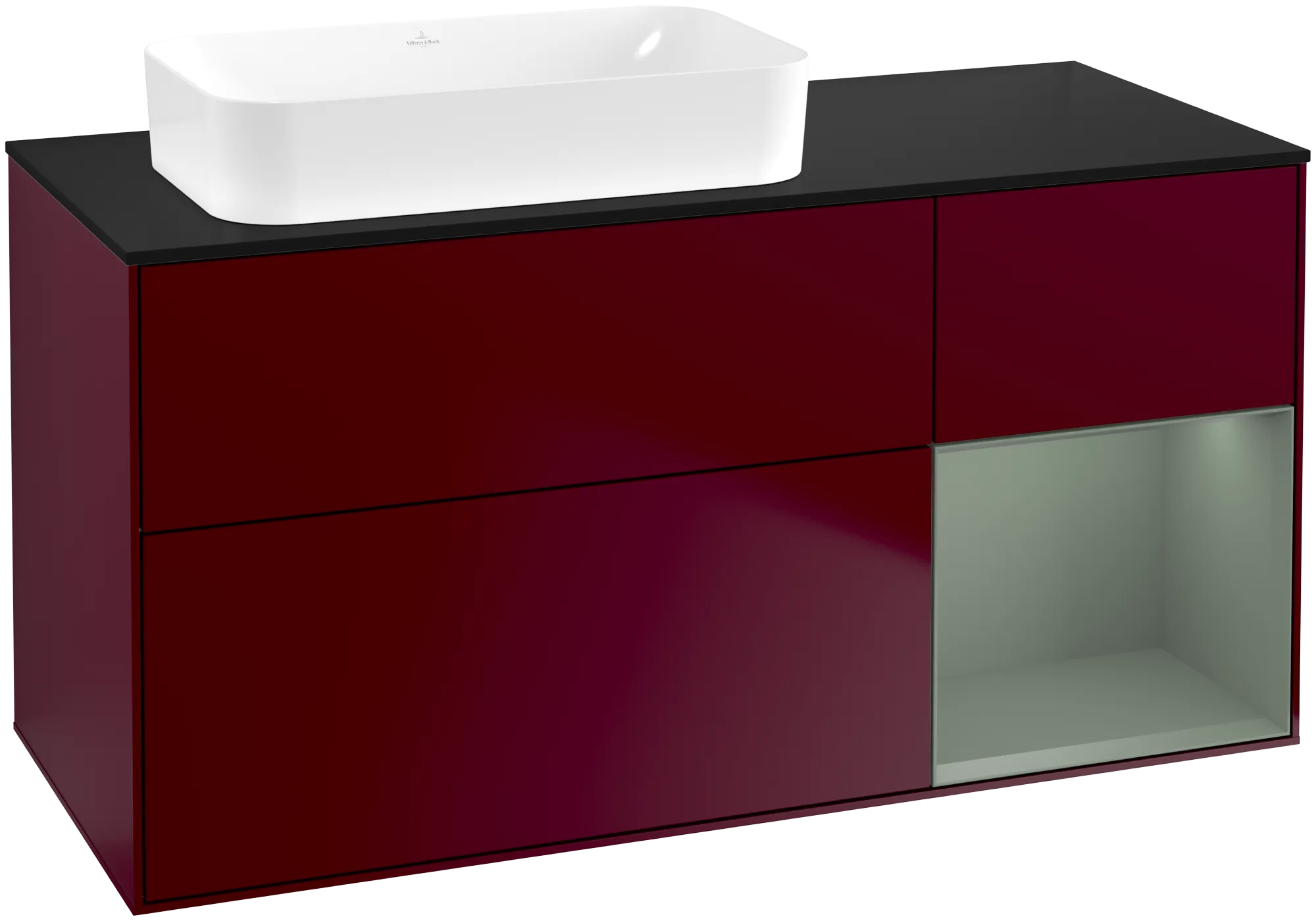 Picture of VILLEROY BOCH Finion Vanity unit, with lighting, 3 pull-out compartments, 1200 x 603 x 501 mm, Peony Matt Lacquer / Olive Matt Lacquer / Glass Black Matt #G692GMHB