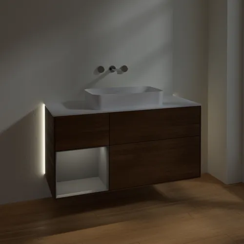 Bild von VILLEROY BOCH Finion Waschbeckenunterschrank, mit Beleuchtung, 3 Auszüge, 1200 x 603 x 501 mm, Walnut Veneer / Anthracite Matt Lacquer / Glass White Matt #G701GKGN