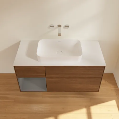 Bild von VILLEROY BOCH Finion Waschbeckenunterschrank, mit Beleuchtung, 3 Auszüge, 1200 x 603 x 501 mm, Walnut Veneer / Anthracite Matt Lacquer / Glass White Matt #G701GKGN