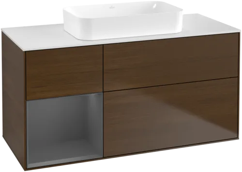 Bild von VILLEROY BOCH Finion Waschbeckenunterschrank, mit Beleuchtung, 3 Auszüge, 1200 x 603 x 501 mm, Walnut Veneer / Anthracite Matt Lacquer / Glass White Matt #G701GKGN