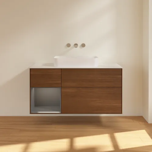 Bild von VILLEROY BOCH Finion Waschbeckenunterschrank, mit Beleuchtung, 3 Auszüge, 1200 x 603 x 501 mm, Walnut Veneer / Anthracite Matt Lacquer / Glass White Matt #G701GKGN