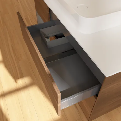Bild von VILLEROY BOCH Finion Waschbeckenunterschrank, mit Beleuchtung, 3 Auszüge, 1200 x 603 x 501 mm, Walnut Veneer / Anthracite Matt Lacquer / Glass White Matt #G701GKGN