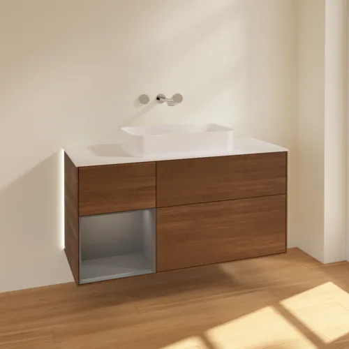 Bild von VILLEROY BOCH Finion Waschbeckenunterschrank, mit Beleuchtung, 3 Auszüge, 1200 x 603 x 501 mm, Walnut Veneer / Anthracite Matt Lacquer / Glass White Matt #G701GKGN