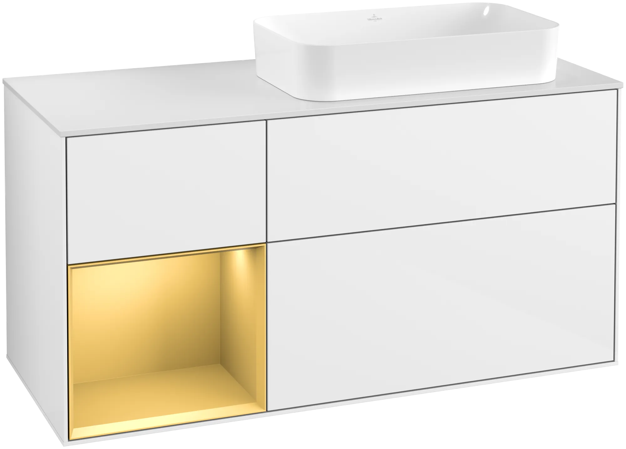 Bild von VILLEROY BOCH Finion Waschbeckenunterschrank, mit Beleuchtung, 3 Auszüge, 1200 x 603 x 501 mm, Glossy White Lacquer / Gold Matt Lacquer / Glass White Matt #G681HFGF