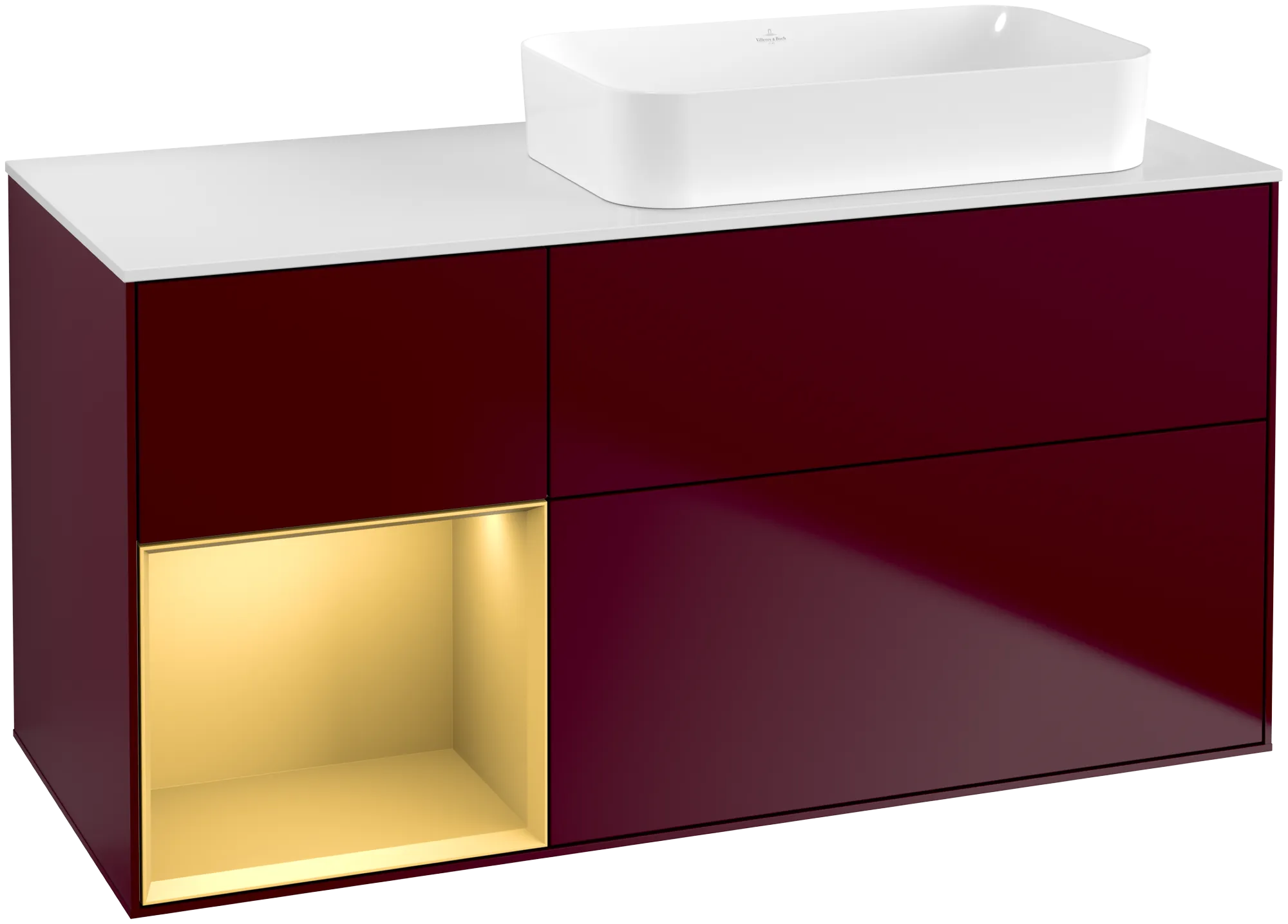 Bild von VILLEROY BOCH Finion Waschbeckenunterschrank, mit Beleuchtung, 3 Auszüge, 1200 x 603 x 501 mm, Peony Matt Lacquer / Gold Matt Lacquer / Glass White Matt #G681HFHB
