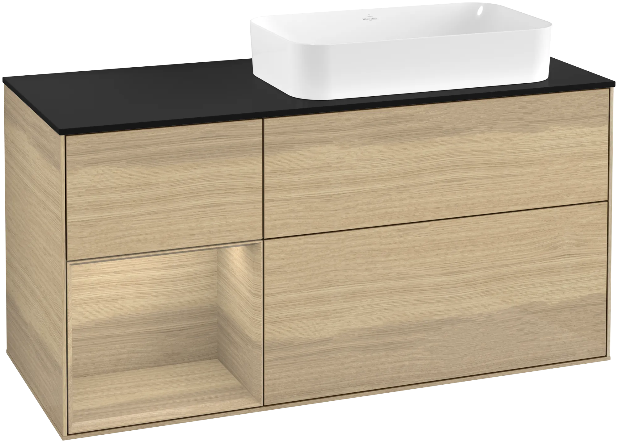 Obrázek VILLEROY BOCH Finion Vanity unit, with lighting, 3 pull-out compartments, 1200 x 603 x 501 mm, Oak Veneer / Oak Veneer / Glass Black Matt #G682PCPC