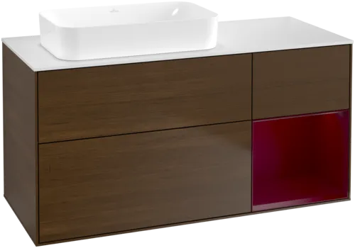 Bild von VILLEROY BOCH Finion Waschbeckenunterschrank, mit Beleuchtung, 3 Auszüge, 1200 x 603 x 501 mm, Walnut Veneer / Peony Matt Lacquer / Glass White Matt #G691HBGN