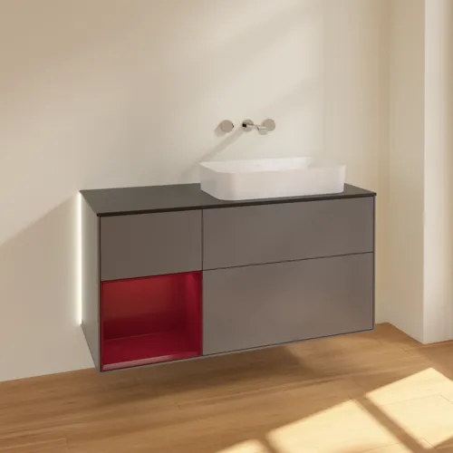 Bild von VILLEROY BOCH Finion Waschbeckenunterschrank, mit Beleuchtung, 3 Auszüge, 1200 x 603 x 501 mm, Anthracite Matt Lacquer / Peony Matt Lacquer / Glass Black Matt #G682HBGK