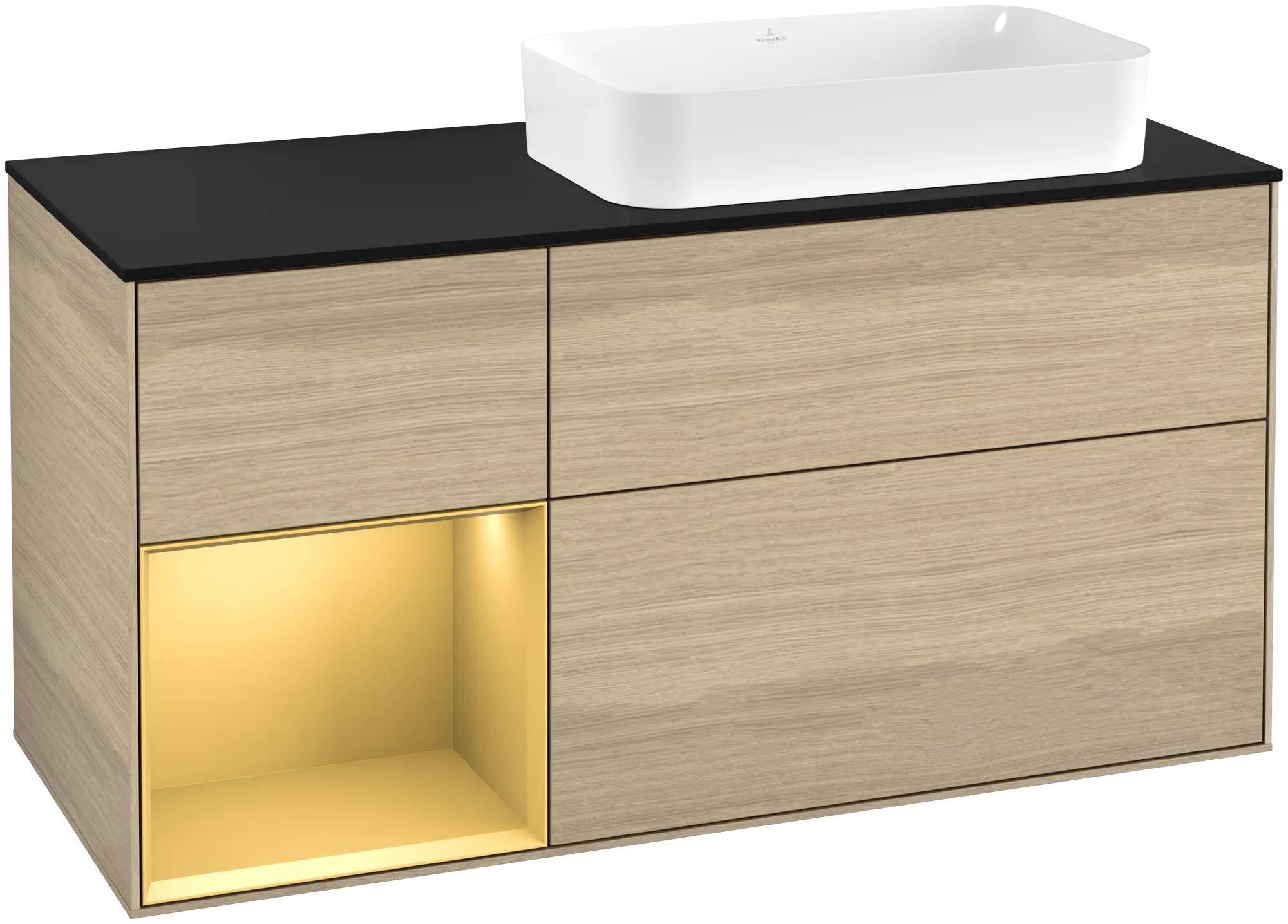 Bild von VILLEROY BOCH Finion Waschbeckenunterschrank, mit Beleuchtung, 3 Auszüge, 1200 x 603 x 501 mm, Oak Veneer / Gold Matt Lacquer / Glass Black Matt #G682HFPC