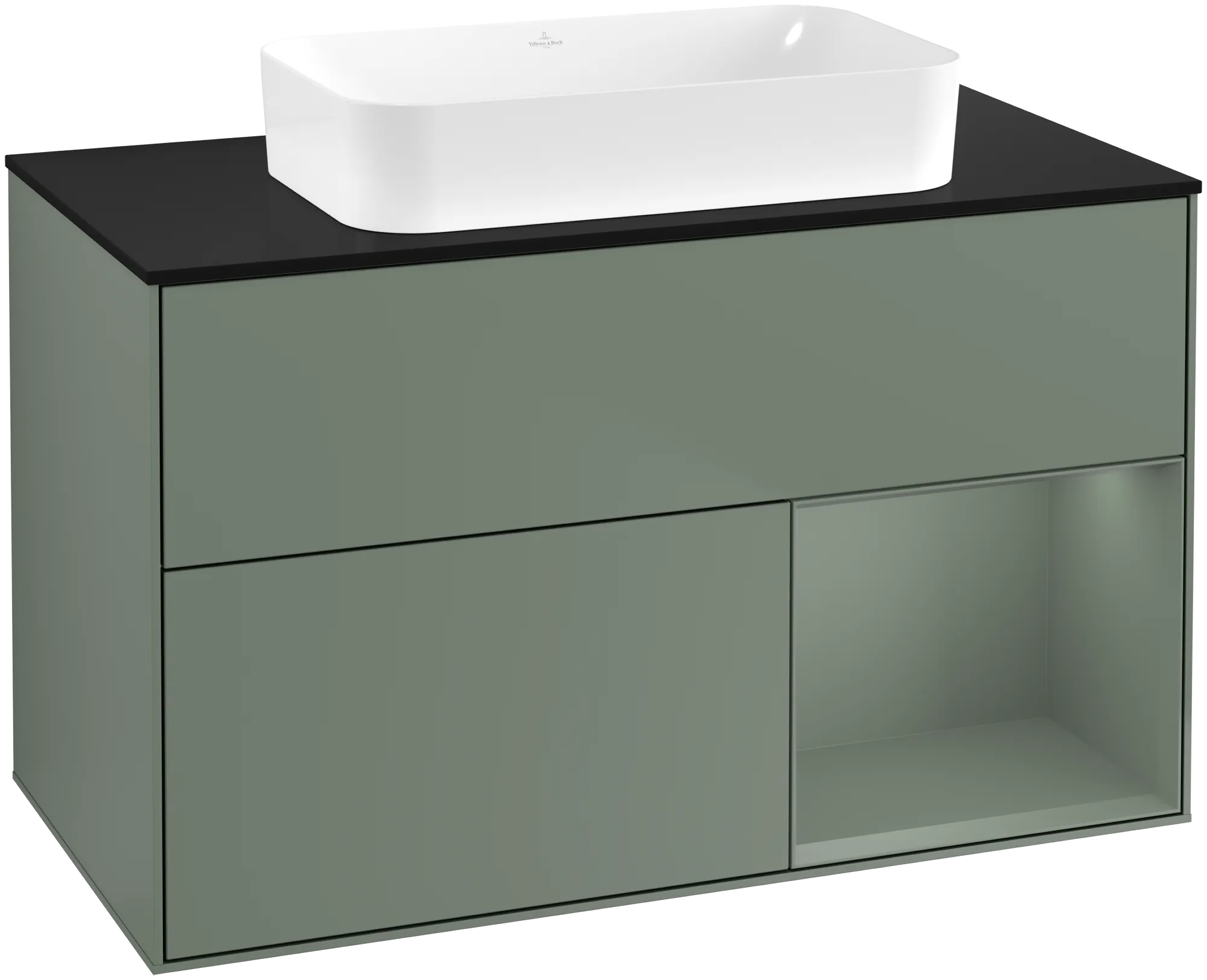 Bild von VILLEROY BOCH Finion Waschbeckenunterschrank, mit Beleuchtung, 2 Auszüge, 1000 x 603 x 501 mm, Olive Matt Lacquer / Olive Matt Lacquer / Glass Black Matt #G662GMGM